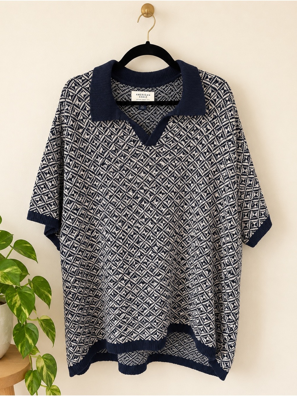 American Eagle Navy Cream Geometric Polo Sweater XXL